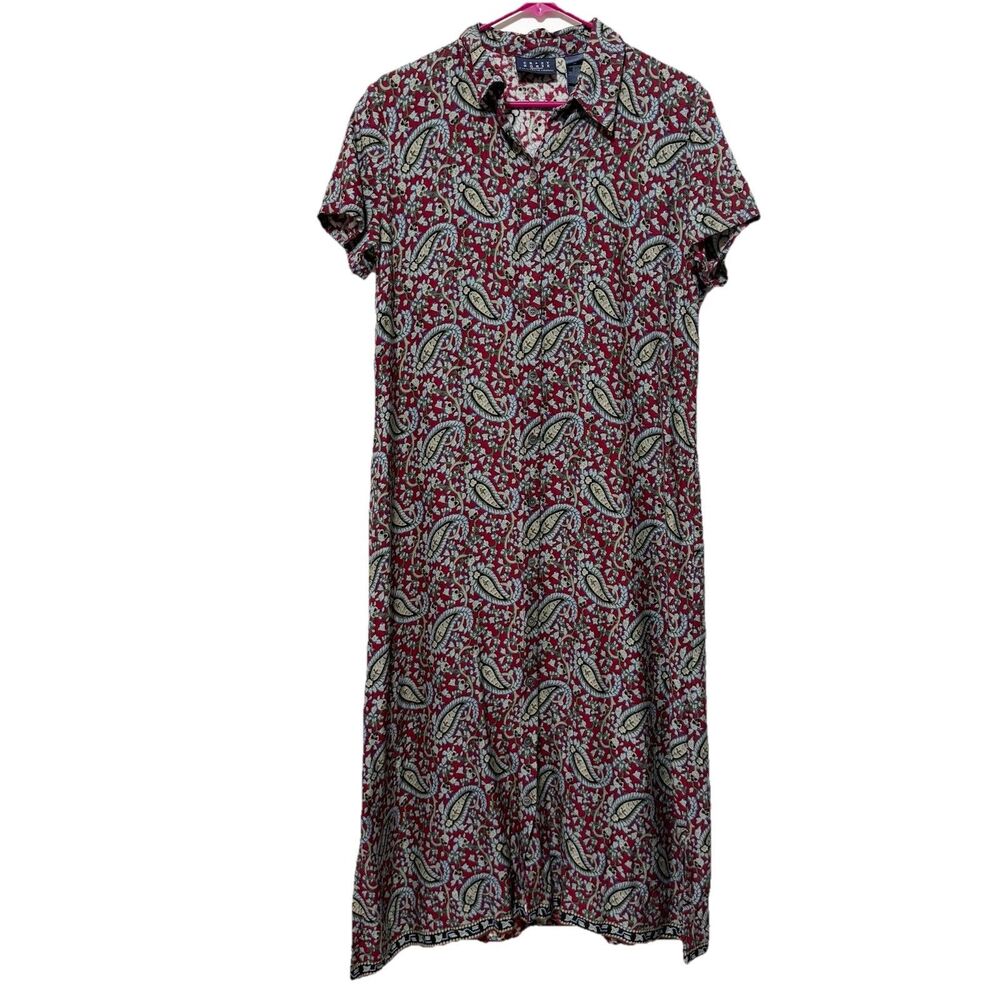 Crazy Horse Midi Dress Size 12 Red Blue Green Paisley Short Sleeve Button Front